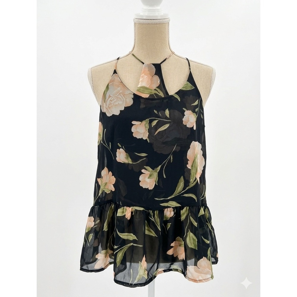 Newbury Kustom Floral Peplum Camisole Top Black‎ Sheer Halter Neck NKT518338 S
